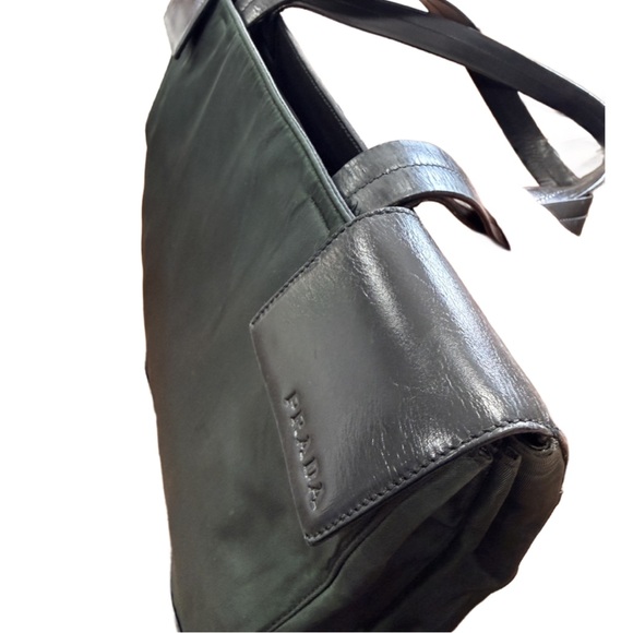Prada Black and Green Leather and Nylon Shoulder Bag